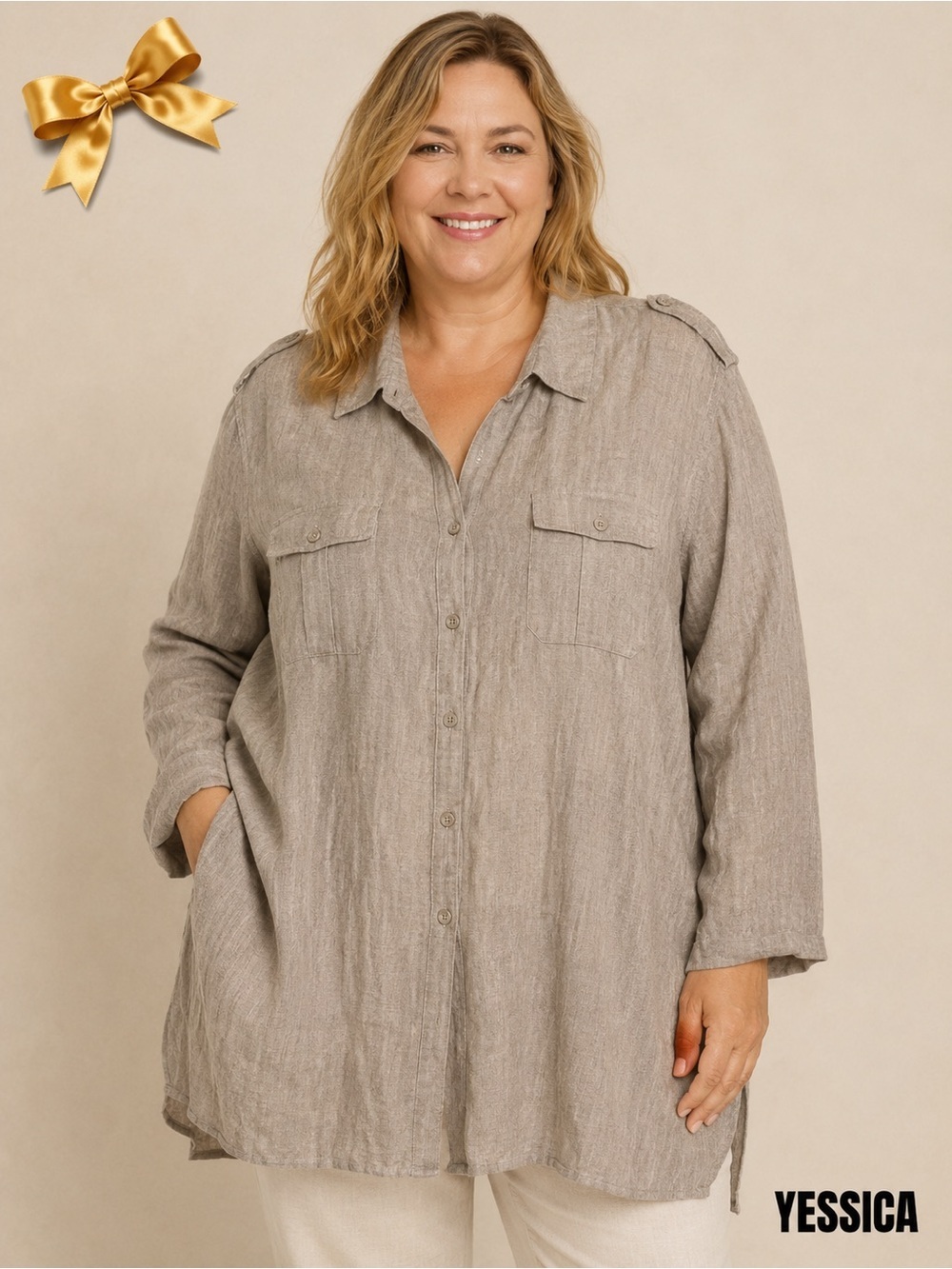 Yessica 100% Linen Longline Tunic Shirt Dress XXL 35” Length Neutral